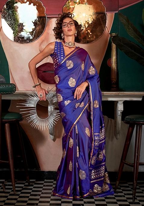 Purple Zari Work Pure Satin Saree Set