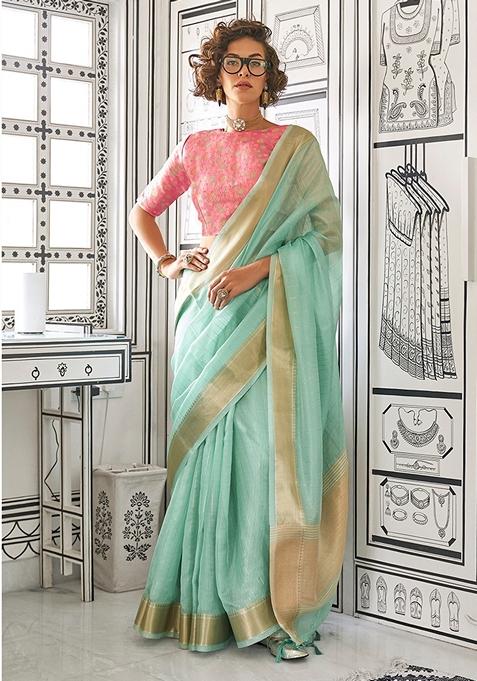 Aqua Blue Zari Woven Chiffon Saree Set