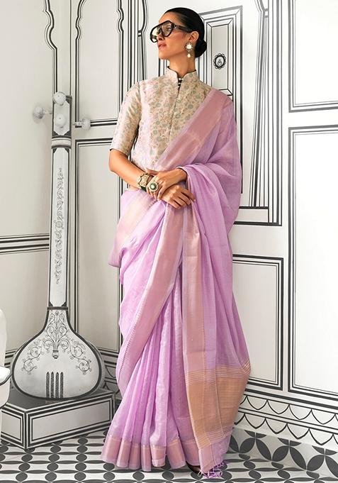 Lavender Zari Woven Chiffon Saree Set