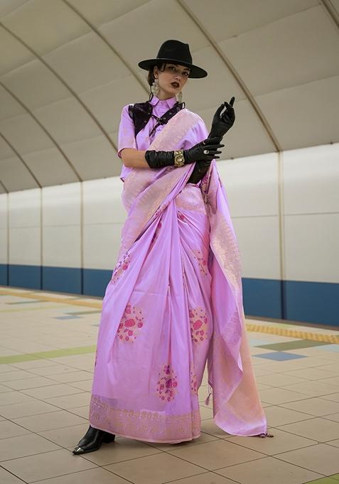 Lavender Woven Silk Saree Set