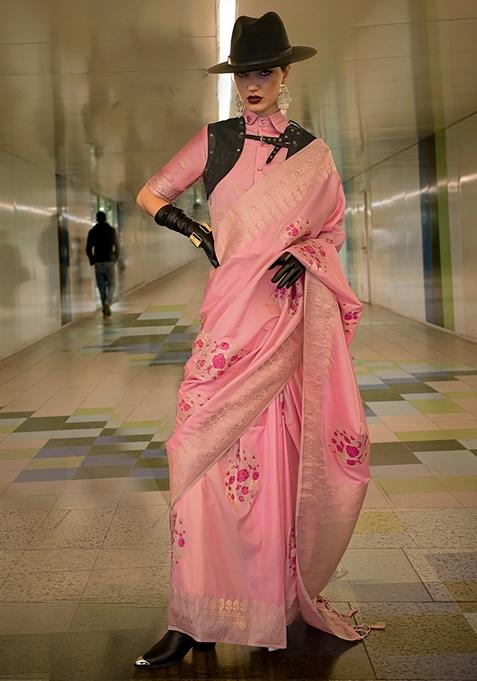 Light Pink Woven Silk Saree Set