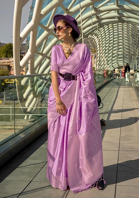 Lavender Woven Katan Silk Saree Set