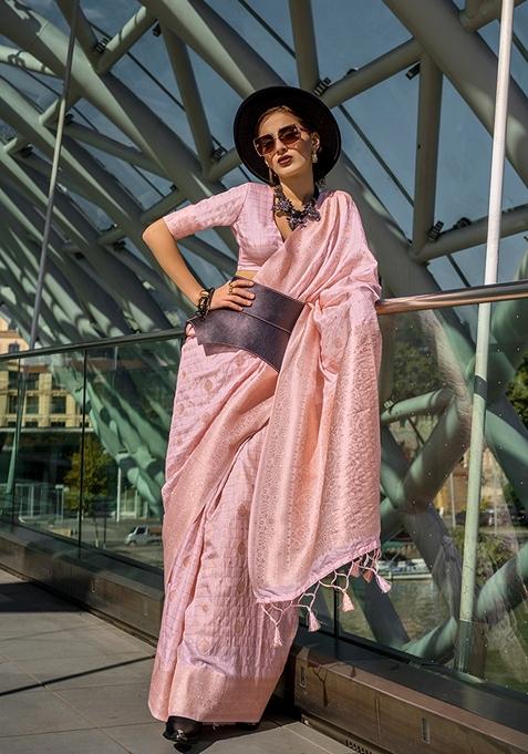 Light Pink Woven Katan Silk Saree Set