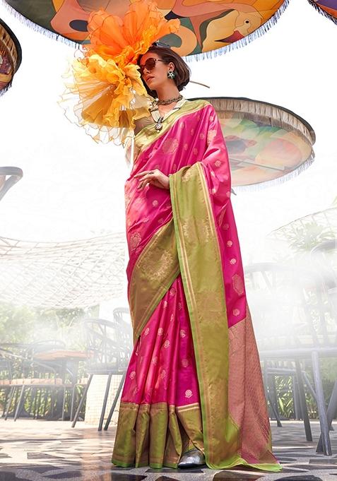 Rani Pink Woven Katan Silk Saree Set