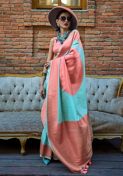 Aqua Blue Printed Silk Saree Set