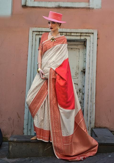 Off White Printed Silk Saree Set