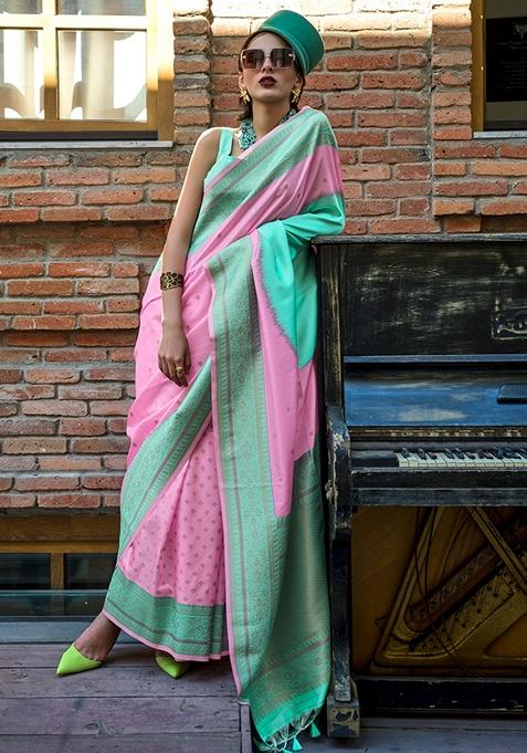 Pink Printed Silk Saree Set