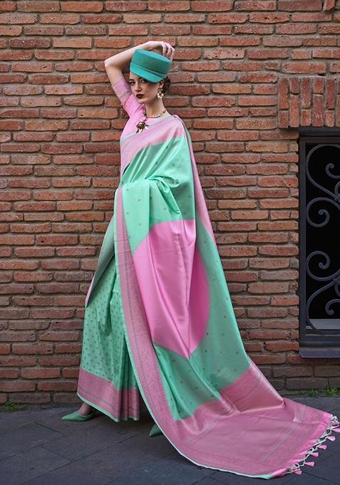 Sea Green Printed Silk Saree Set