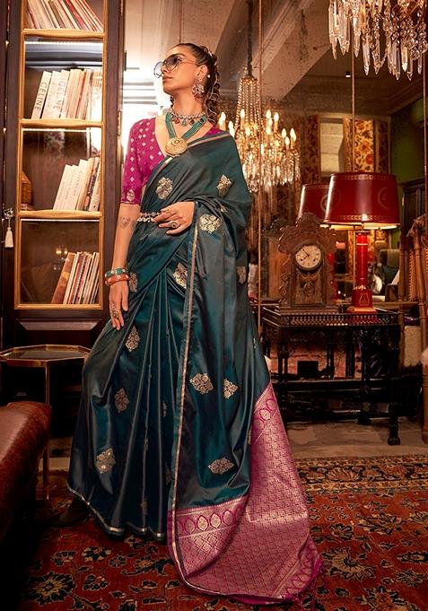 Dark Green Woven Satin Saree Set