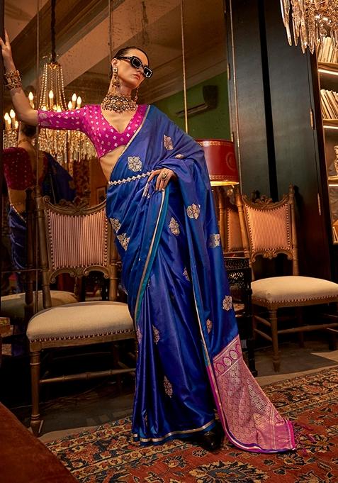 Royal Blue Woven Satin Saree Set