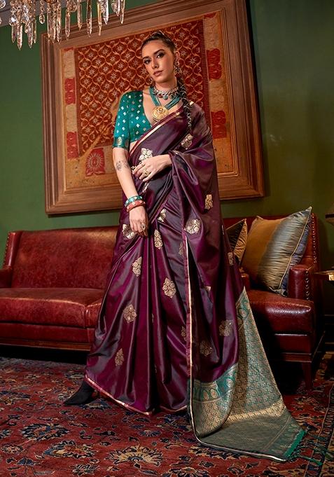 Wine Woven Satin Saree Set