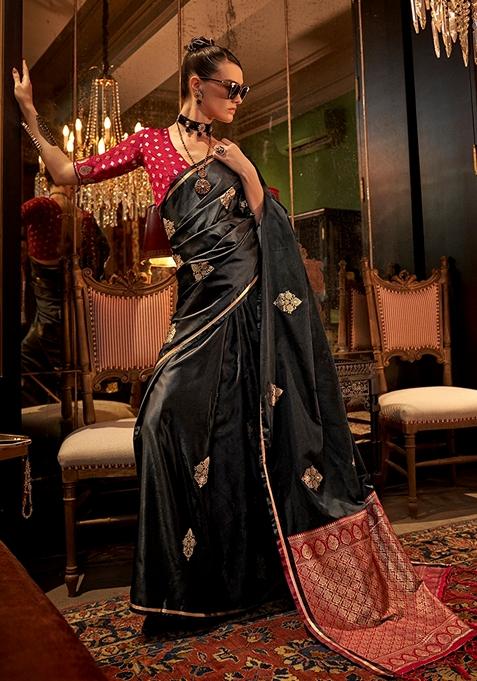 Black Woven Satin Saree Set