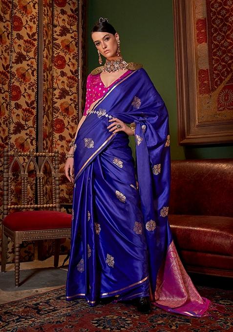 Blue Woven Satin Saree Set