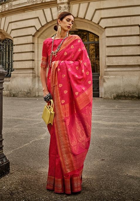 Pink Woven Silk Saree Set