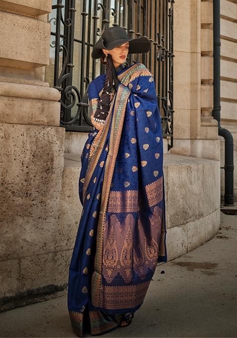 Navy Blue Woven Silk Saree Set