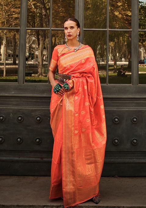 Peach Woven Silk Saree Set