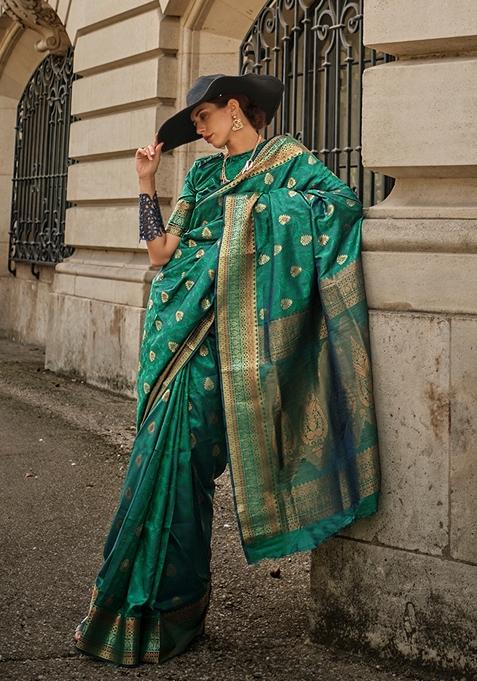 Green Woven Silk Saree Set