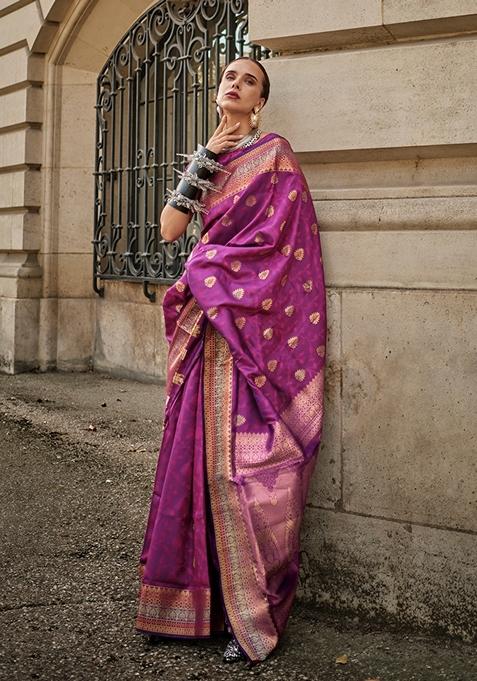 Purple Woven Silk Saree Set