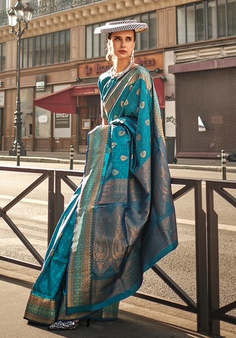 Light Blue Woven Silk Saree Set