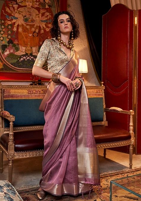 Onion Pink Woven Chiffon Saree Set