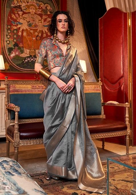 Grey Woven Chiffon Saree Set