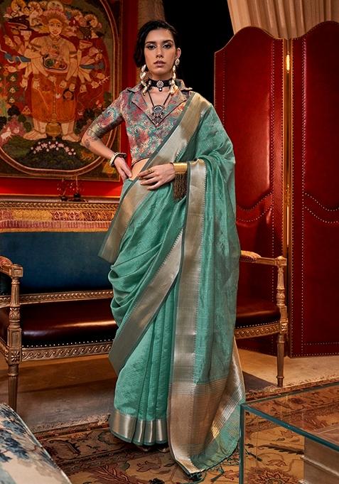 Turquoise Woven Chiffon Saree Set