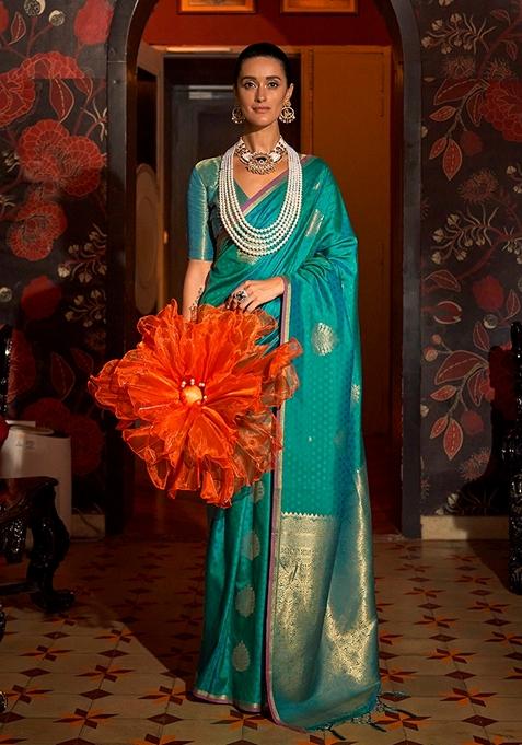 Turquoise Woven Silk Saree Set