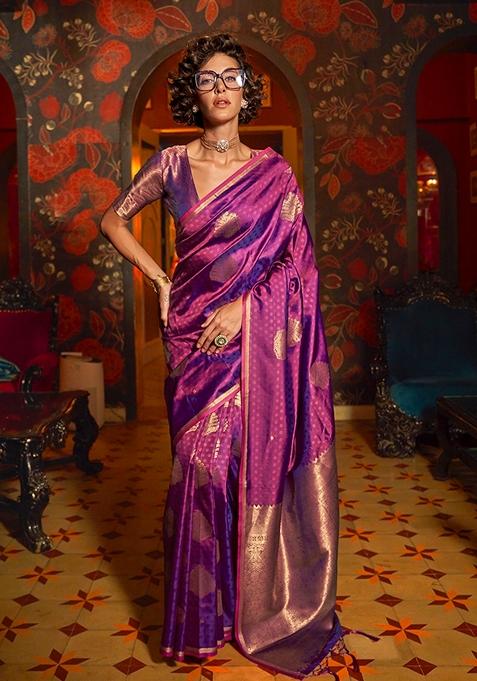 Purple Woven Silk Saree Set