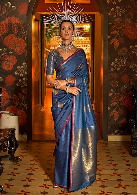 Navy Blue Woven Silk Saree Set