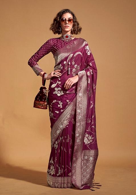 Wine Woven Silk Saree Set