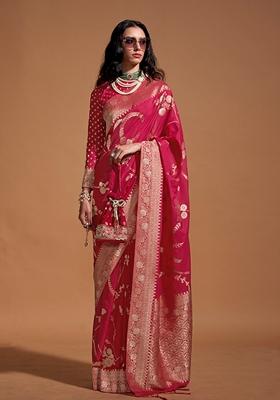 Rani Pink Woven Silk Saree Set