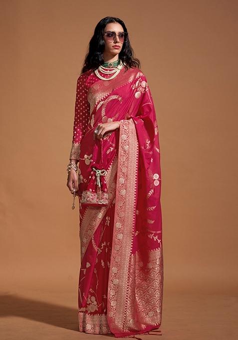 Rani Pink Woven Silk Saree Set