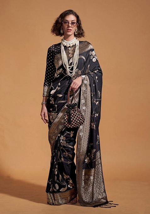 Black Woven Silk Saree Set