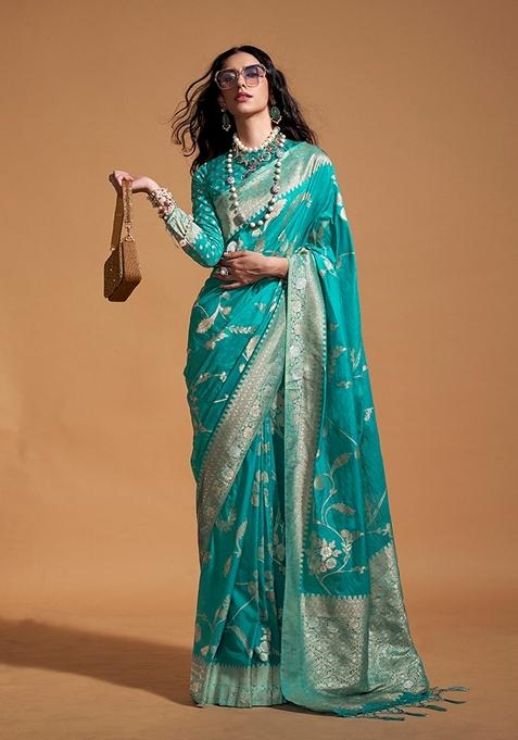 Aqua Blue Woven Silk Saree Set