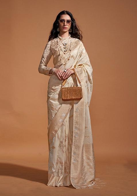 Cream Woven Silk Saree Set