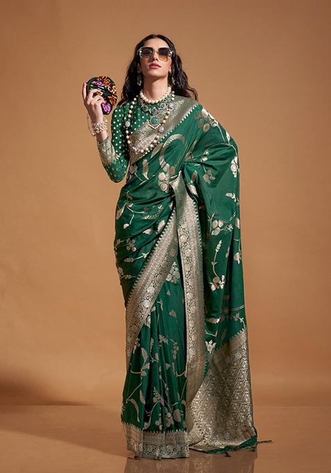 Dark Green Woven Silk Saree Set