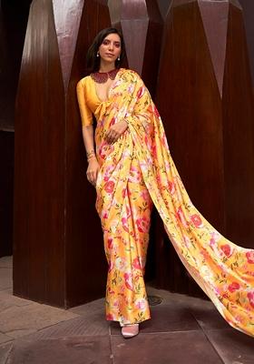 Yellow Floral Print Satin Saree Set