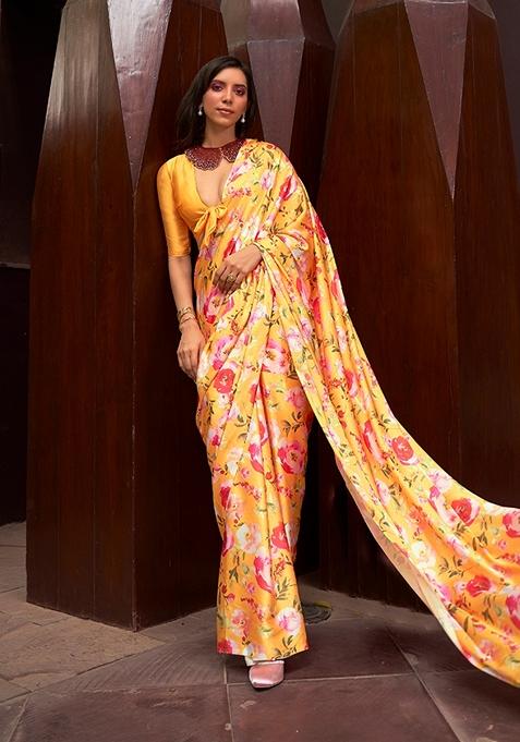 Yellow Floral Print Satin Saree Set