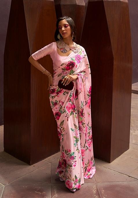 Light Pink Floral Print Satin Saree Set