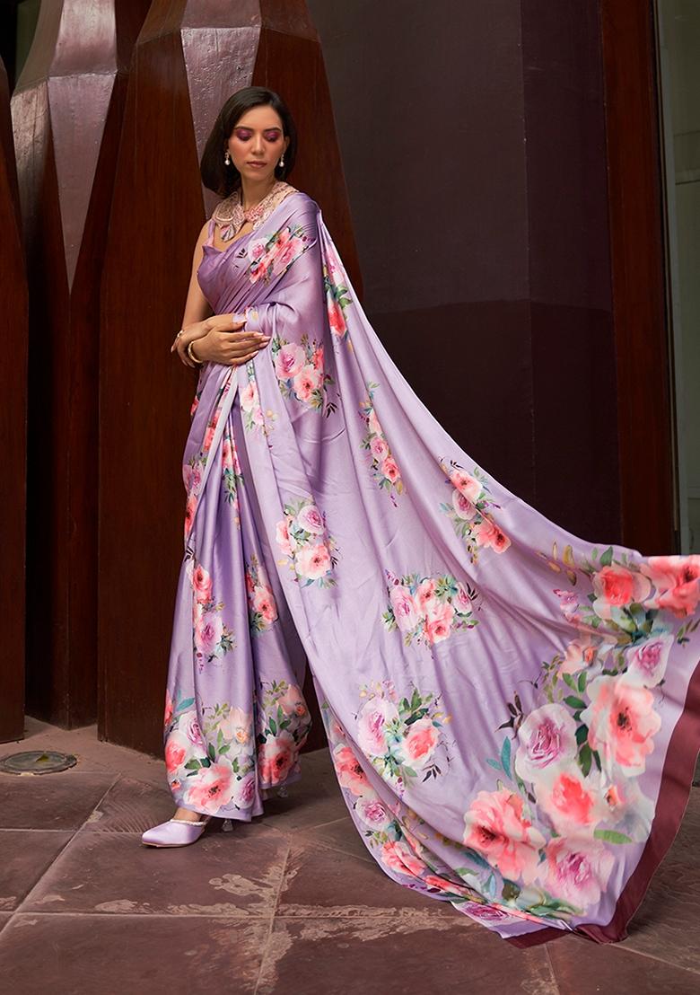 Lavender Floral Print Satin Saree Set