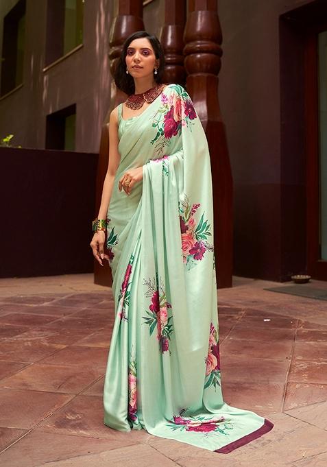 Light Green Floral Print Satin Saree Set