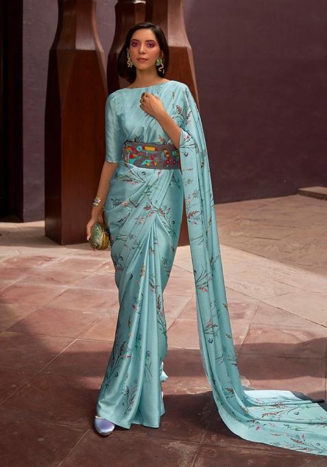 Aqua Blue Floral Print Satin Saree Set