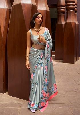 Light Grey Floral Print Satin Saree Set