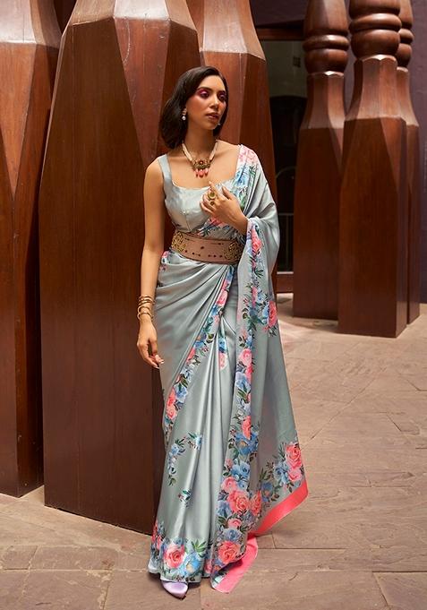 Light Grey Floral Print Satin Saree Set