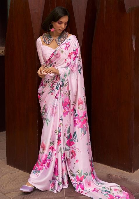 Light Pink Floral Print Satin Saree Set