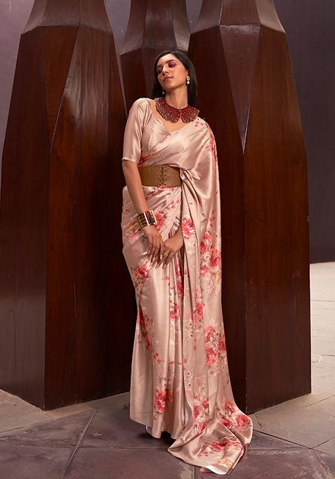 Beige Floral Print Satin Saree Set