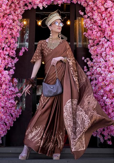 Brown Printed Satin Saree Set