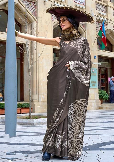 Dark Grey Printed Satin Saree Set