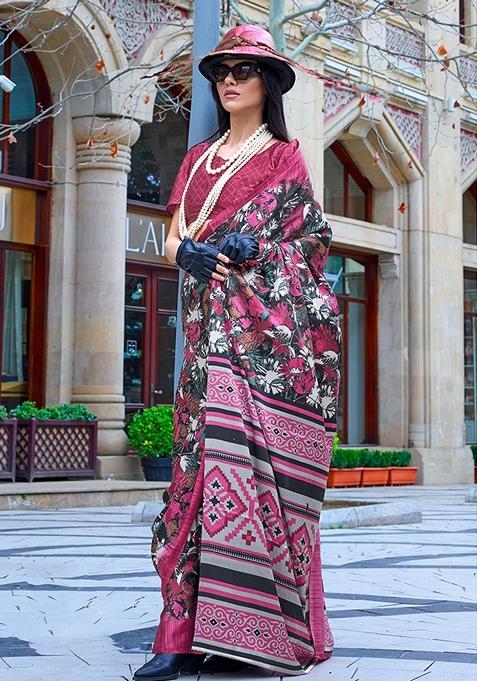 Multicolor Printed Satin Saree Set