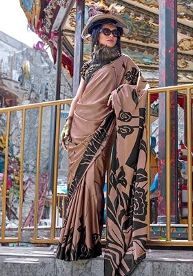 Brown Printed Satin Saree Set